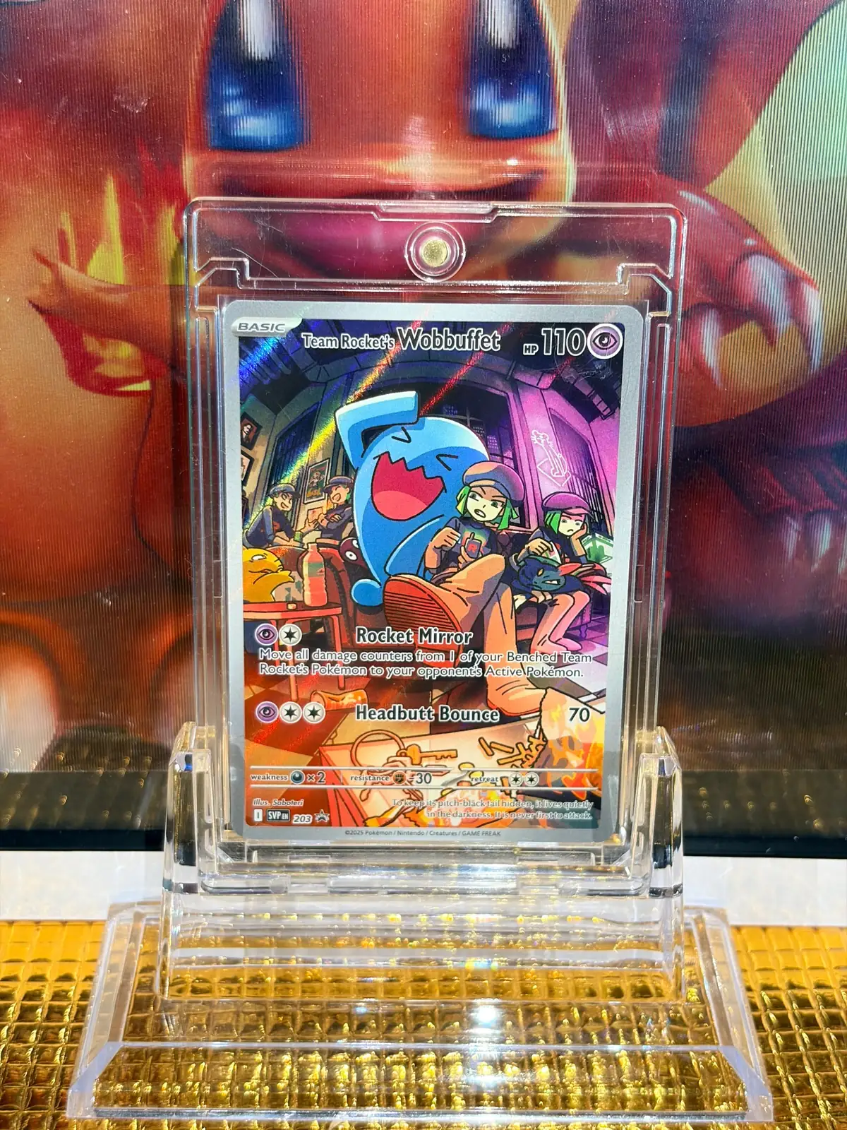 Team Rocket's Wobbuffet Promo Rare Pokémon card SVP 203 illustrated by Saboteri